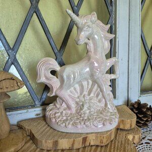 Vintage 80s Large Unicorn Trinket - White & Pink Iridescent Ceramic Figurine